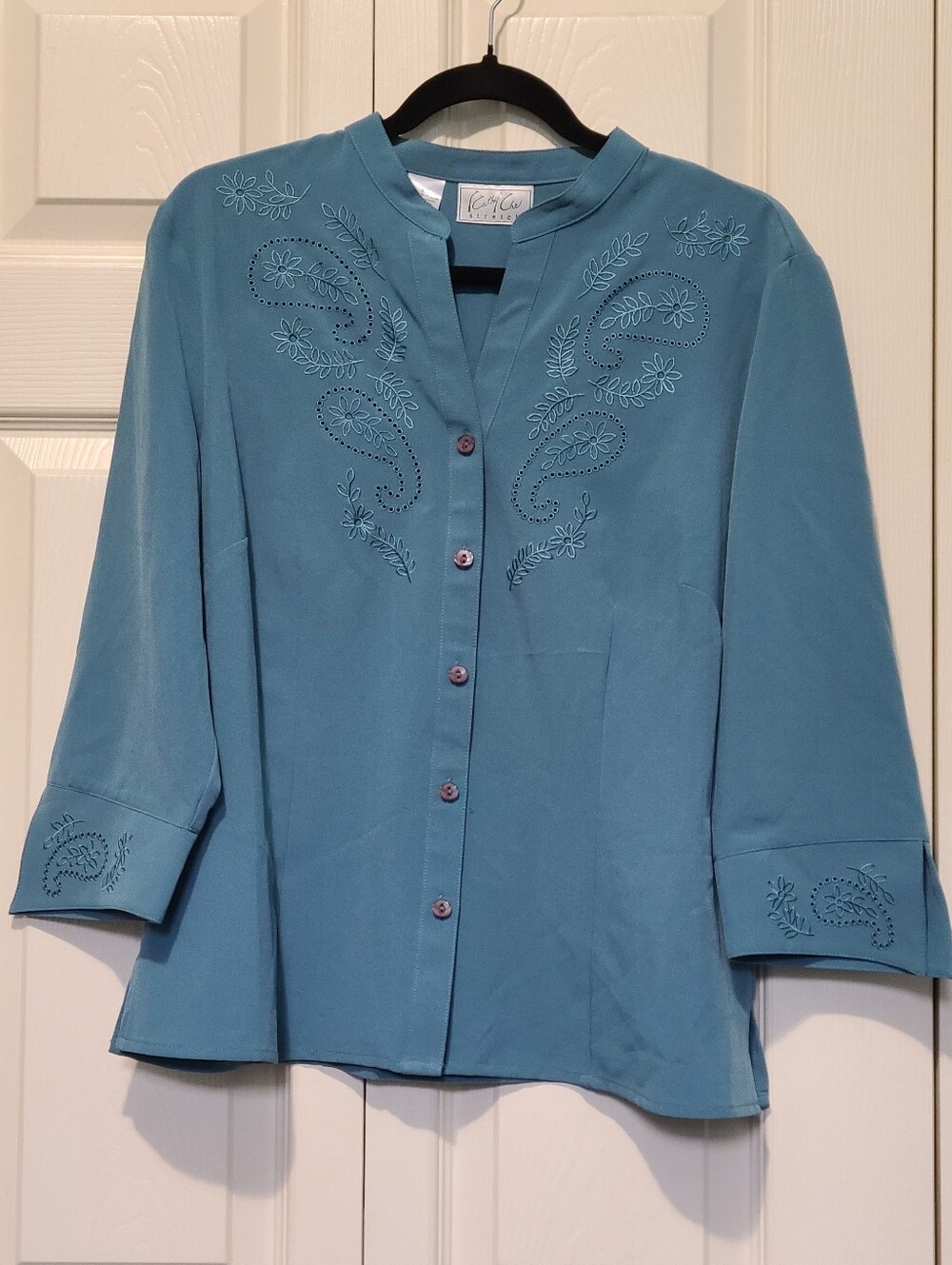 Kathy Che Vintage Y2K Teal Embroidered Blouse Paisley Cutout Top RN 81181